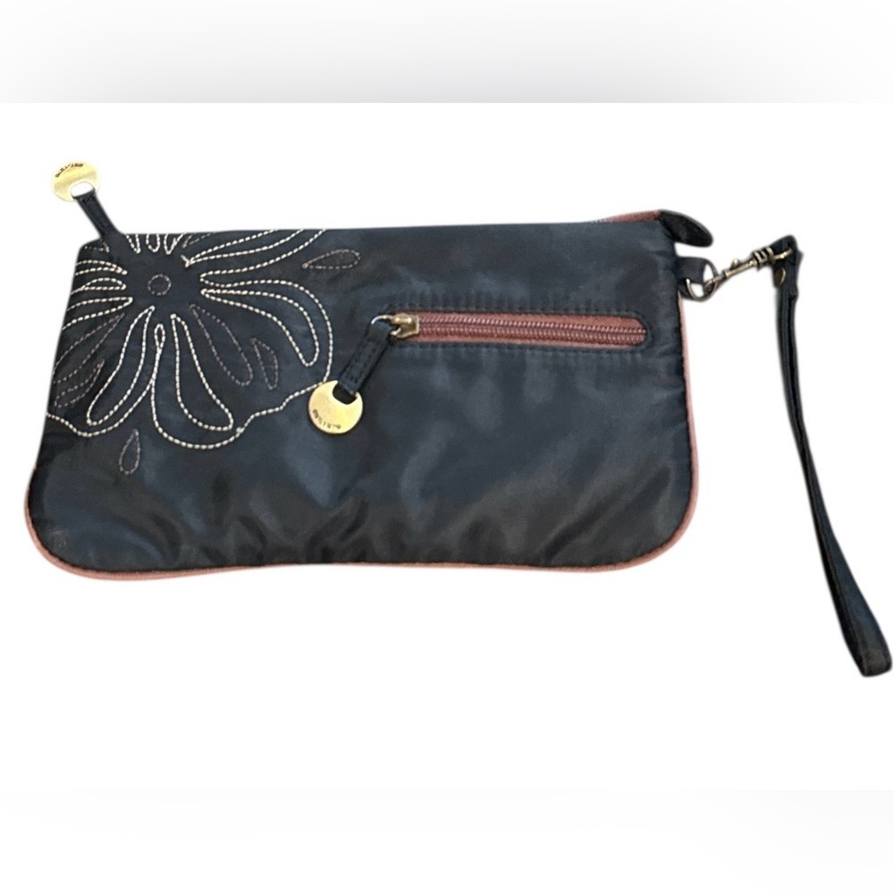 Travelon black wristlet wallet featuring an embroidered flower design